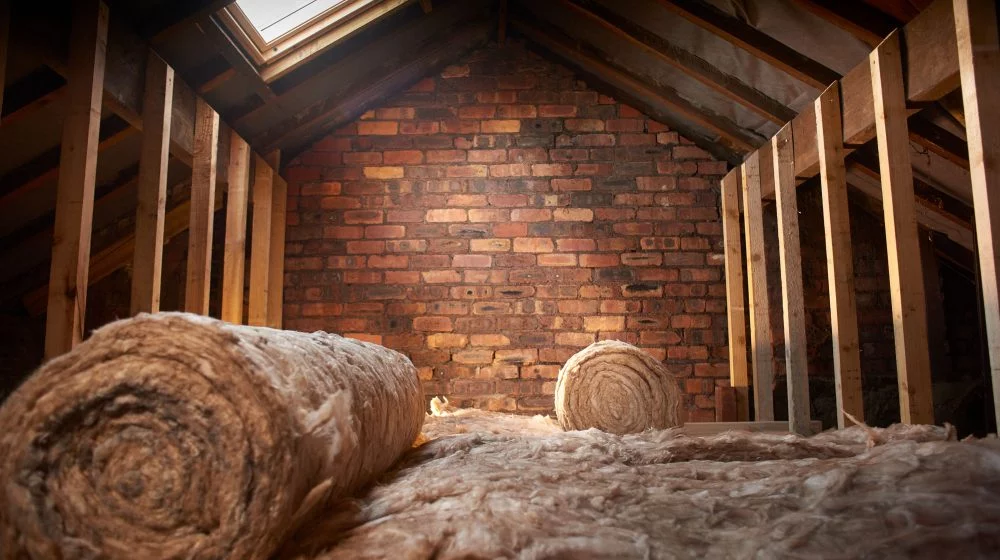 Insulation rolls in an attic space.